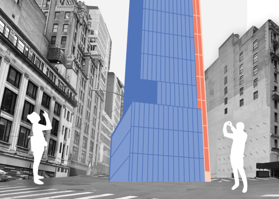 Image of people looking into the augmented reality technology and seeing a rendering a building that will be built there in the future.